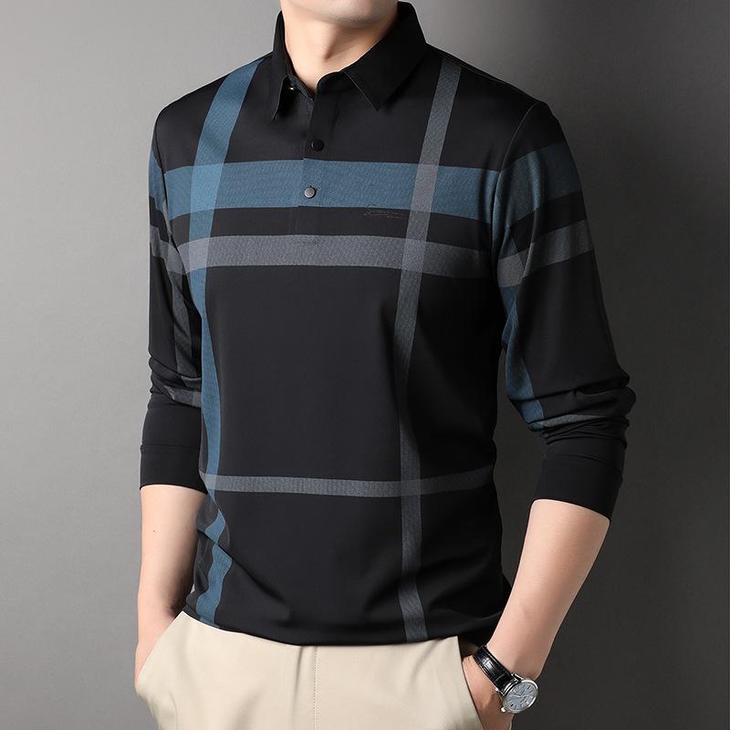 

Весна и осень, новая мужская рубашка поло с длинными рукавами, деловая, повседневная, полосатая, свободная, тонкая футболка, одежда для папы XXL
