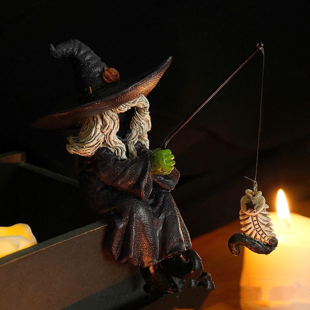 Crafts Witch Figurines Funny Halloween Witch Sculpture Fishing Witch Statue Background Layout