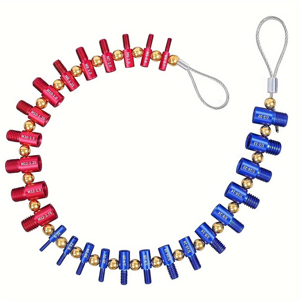 1pc Nut And Bolt Thread Checker With Wire Lanyard, 26 Male/Female Gauges, 14 Standard (Inch) & 12 Metric Sizes, Detachable, Red & Blue