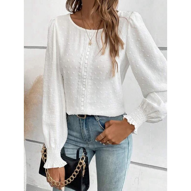Elegante Dames Ronde Hals Kant Blouse Nieuw Lange Mouw Kantoor Casual Shirt Effen Kleur Tops Lange Mouw Lente Herfst Eenvoudige Zoete Kleding