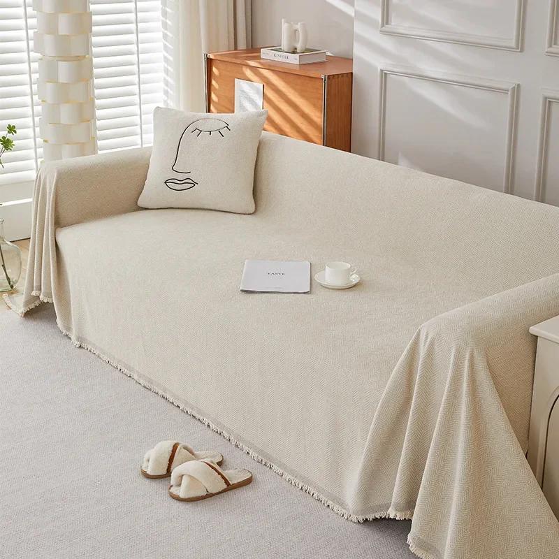 Chenille Waterproof Sofa Towel Blanket Multipurpose Cover for Decoration Universal All Seasons Couch Blanket Solid Cream Style