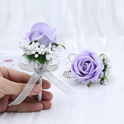 Sada 2 ks světle fialových růžových náramkových květin a boutonnierek, Umělé náramkové květiny, Náramky na zápěstí, Pánská boutonniere