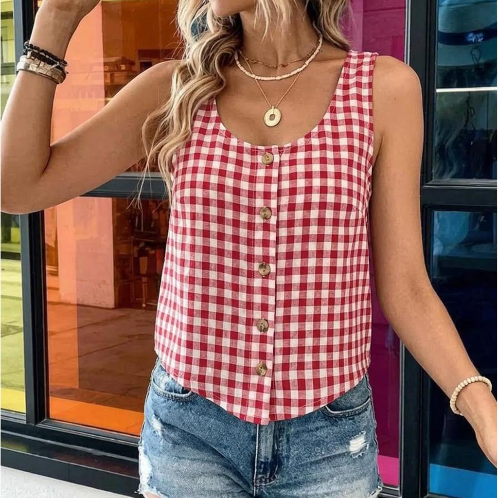 Women Sleeveless Gingham Button Down Tank Top Casual Loose Fit Summer Blouse Shirt with Scoop Neckline