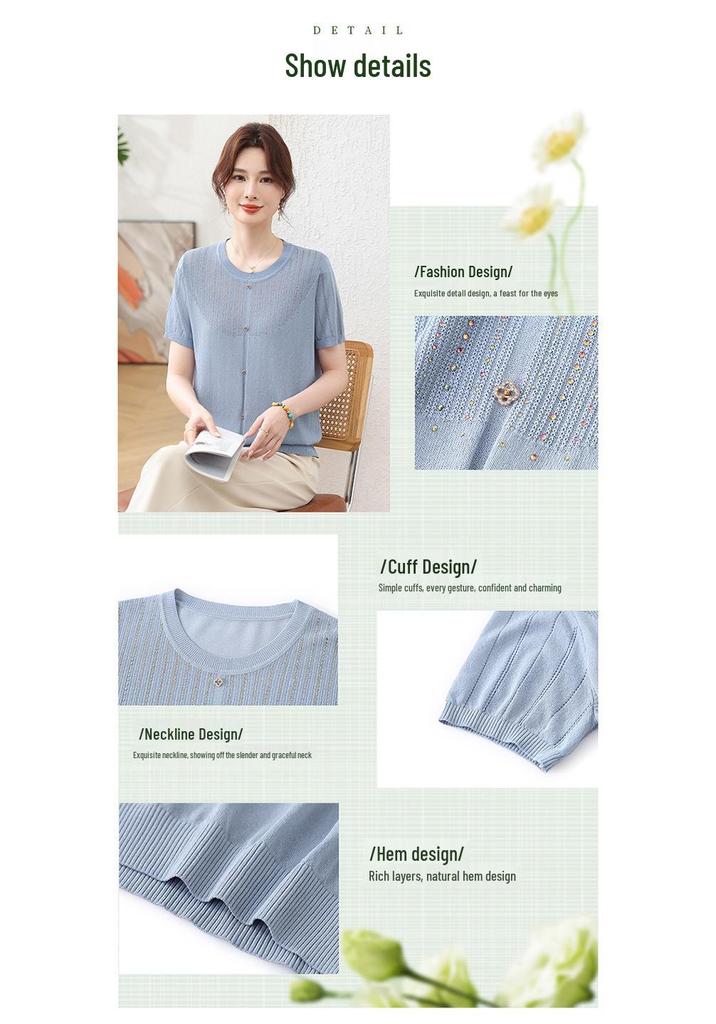 Stylish 2026 Ice Silk Summer T-shirt for Mothers - Short-Sleeved Knitted Top for Middle-Aged & Elderly Women.