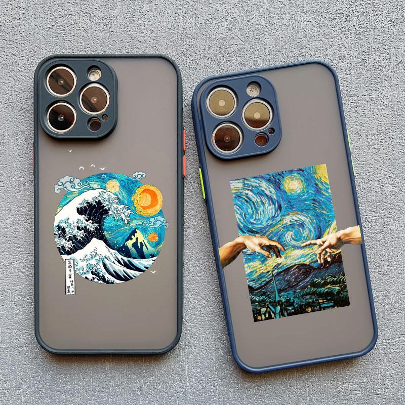 Cartoon Starry Sky Wave Phone Case for iPhone 16 15 14 Pro Max 13 12 11 Pro Max Mini XR XS X 7 8Plus Creative Oil Painting Cover