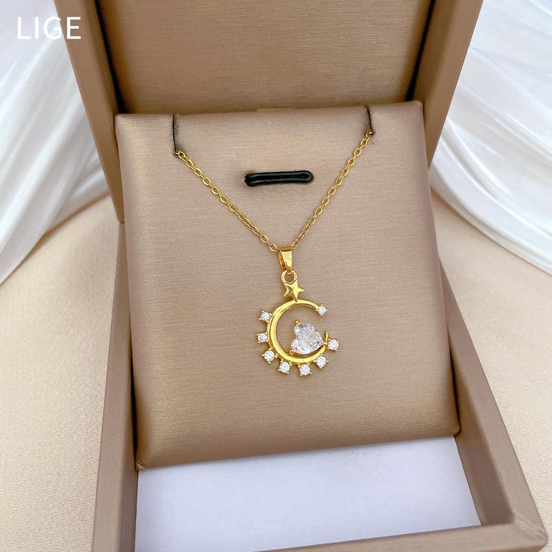 Moon Star Love Light Luxury Temperament Gorgeous Full Diamond Necklace Female Versatile Collarbone Chain Titanium Steel Chain