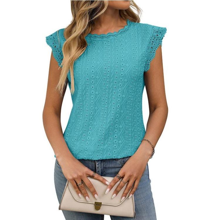 Summer Casual T Shirt Women Solid Color Lace Hollow Out Short Sleeve Shirt