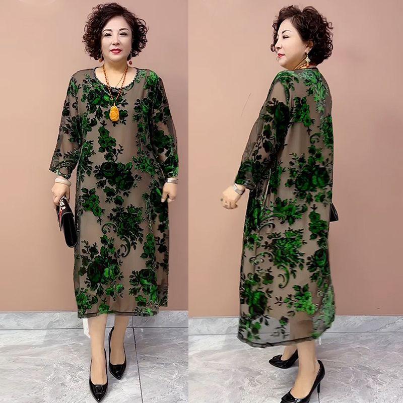 High-end Women's golden Velvet Dress Long Plus-Size Silk Dress Loose Floral A-Line Dress Spring Autumn