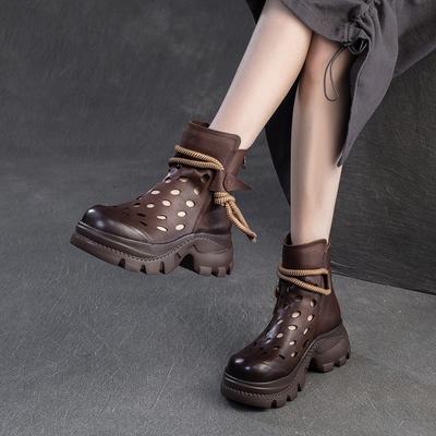 Fashion GKTINOO 2025 Summer New Hollow-out Short Boots Genuine Leather Thick Soled Sandals Retro Versatile Women's Shoes