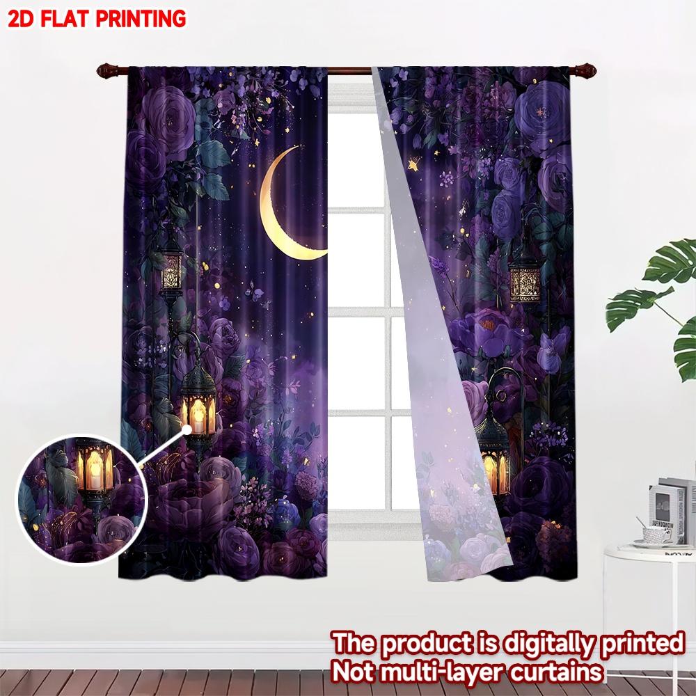 Flat Printing Happy Valentine Day Party Curtain Purple Rose Moon Digital Printed Polyester Drapes Birthday Curtains Set Of 2 Made