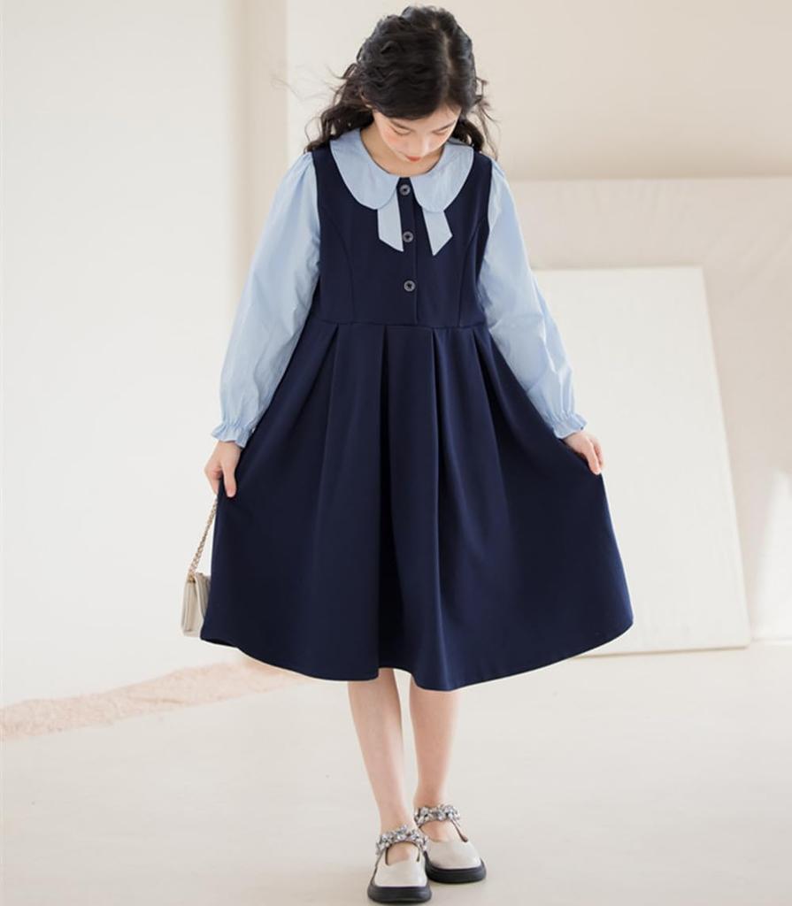 DiiFoky Long Sleeve Dress with Layered Look and Round Perfect for School Entrance and Everyday Wear Size Kids' Collar, Recitals, Ceremonies, (Navy,