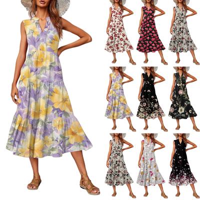 Vestido Feminino Casual e Fashion de Decote V Sem Mangas Estampado Midi