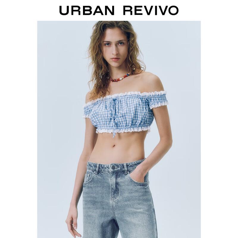 UR 2025 Summer Plaid Patchwork Lace Off-Shoulder Blouse XL