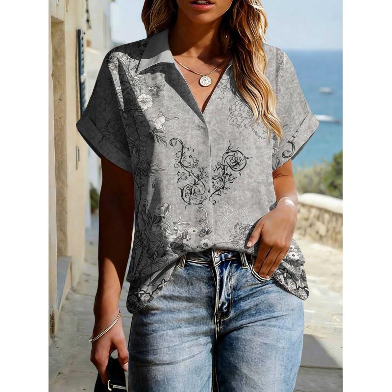 Floral Print Womens Loose Fit Short Sleeve V-Neck Top - Sleeveless Button-Free Casual Shirt Street Style