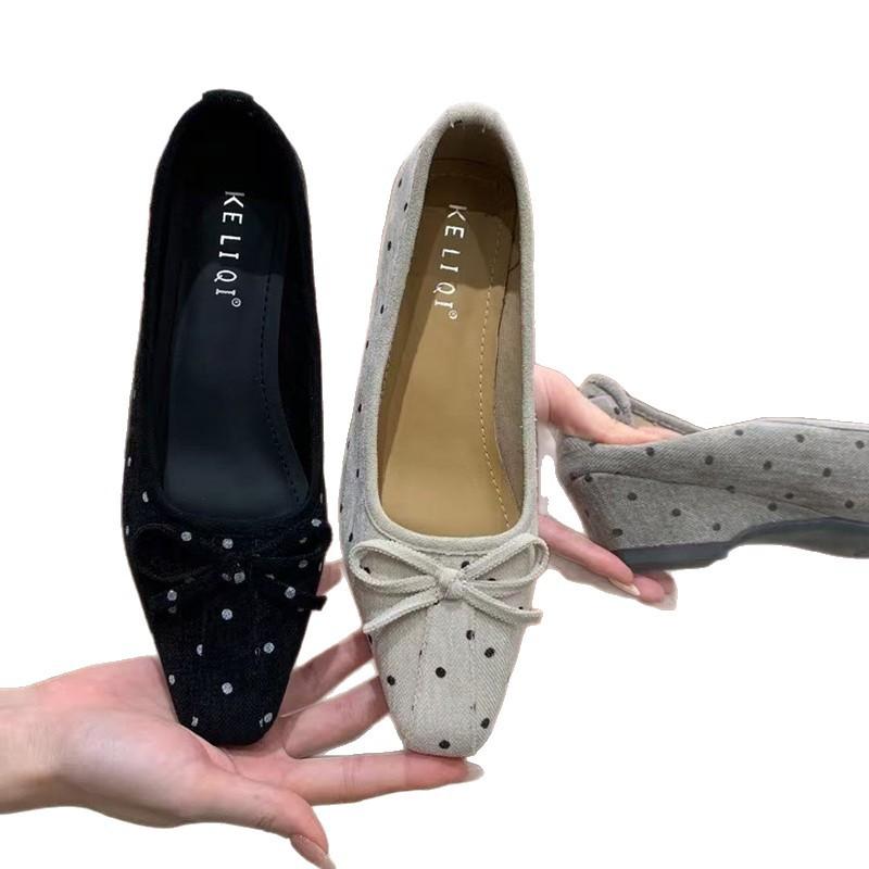 Autumn New French Polka Dot Bow Ballet Soft Sole Versatile Square Head Light Mouth Wedge Heel Lazy Single Shoes