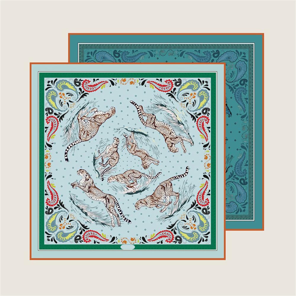 POBING Manual Hand Rolled Twill Silk Scarf Women Leopard Double Print Square Scarves Wraps Echarpes Foulards Femme Hijab 90CM
