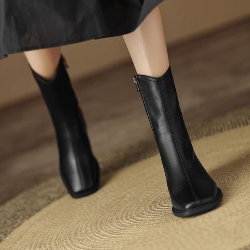 Fashion Zipper Middle Heel Women's Half High Boots Square Toe Ladies Mid Calf Shoes on Offer New Rock Gyaru Winter 2025 Novelty in Boot