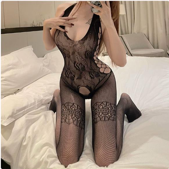 Sexy Open Crotch Fishnet Lingerie with Stockings – One Piece Outfit