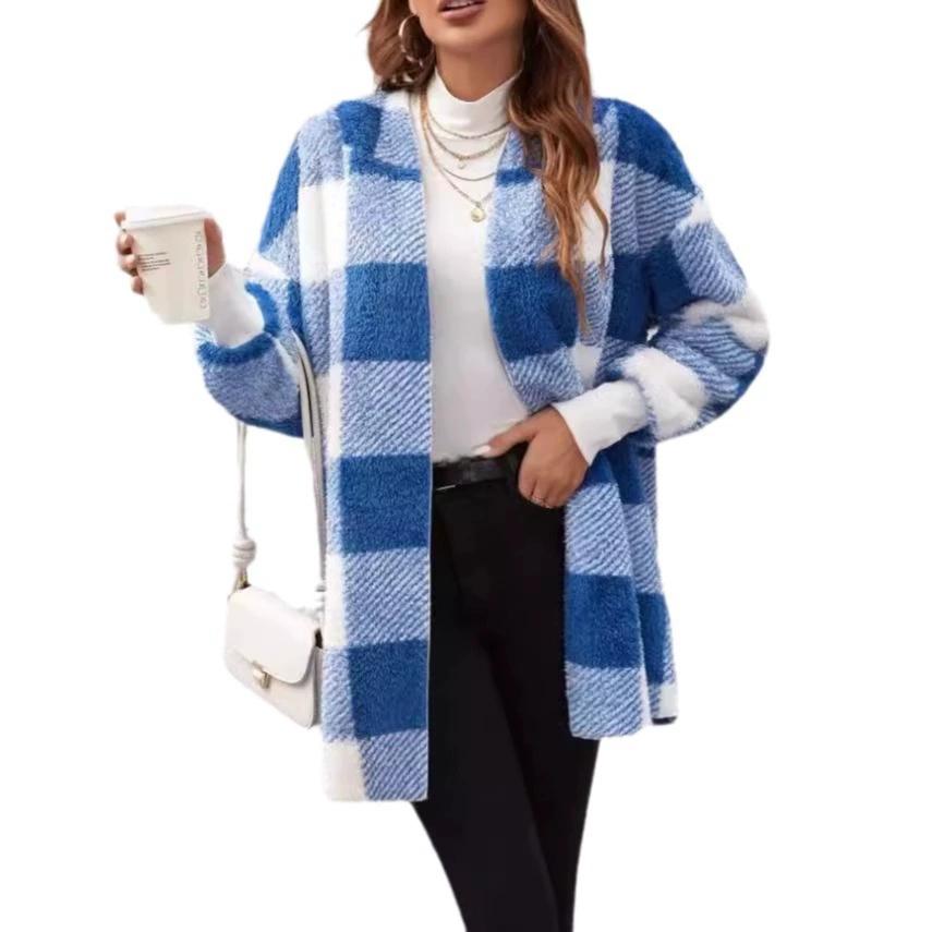Loose Plaid Color Blocked Plush Cardigan, Fashionable Sweater for Women