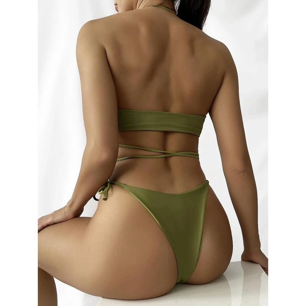 Women's Fashion Drawstring Lace Short Skirt Mesh Bikini Swimwear Set (3 Piece Set with Chest Cushion Without Steel Bracket)