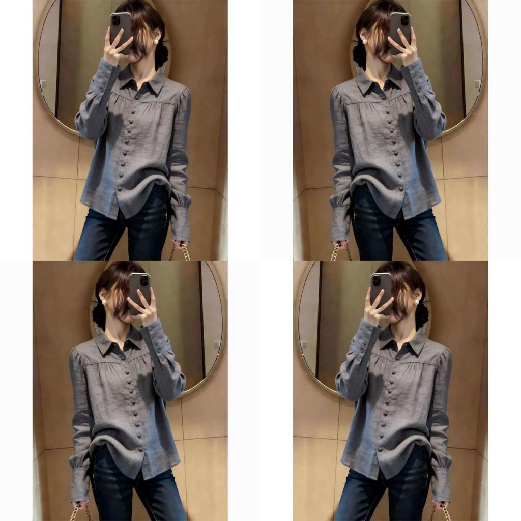 Spring Korean Style Gray Long Sleeve Shirt With 3d Print For Work And Casual Wear