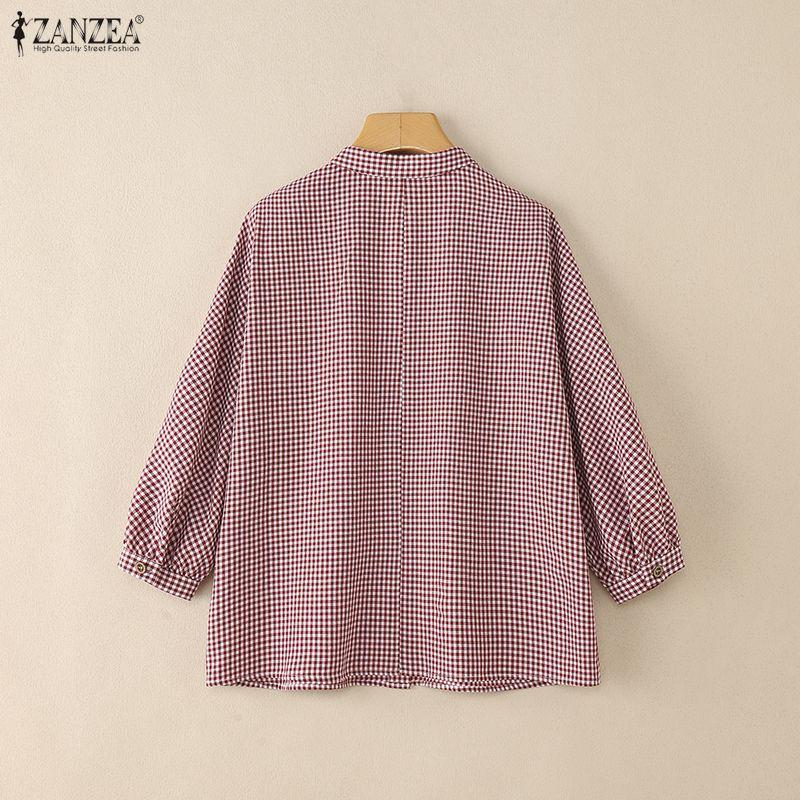 ZANZEA Women Plaid Print Casual Turn Down Collar 3/4 Sleeve Blouse