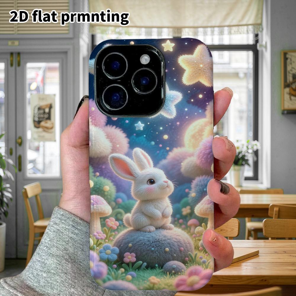 Phone Case: 2D Flat Design Suitable for iPhone 18 17 16 15 14 13 Pro Protective Case, White Rabbit Under the Starry Sky, Perfect Christmas and Hallowe