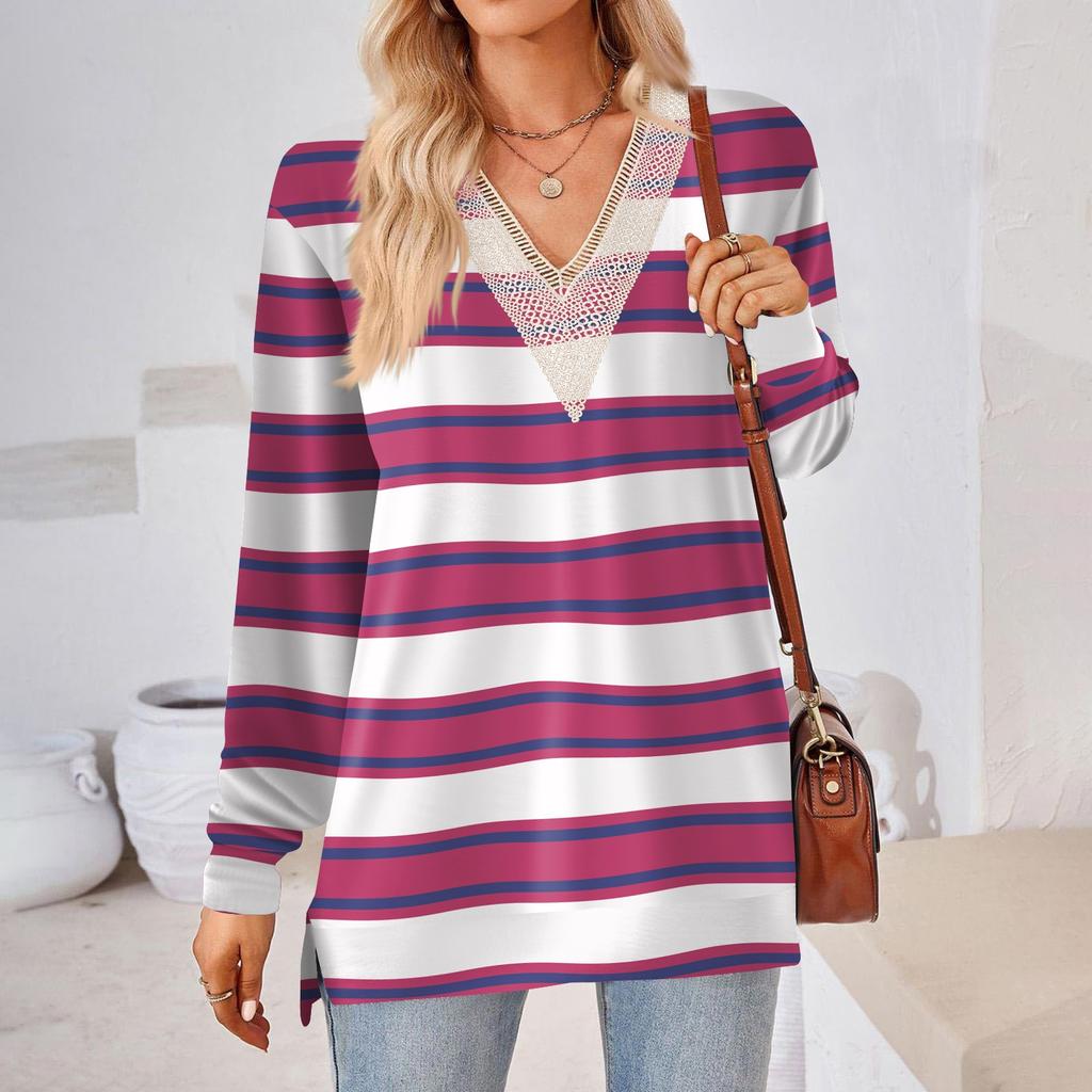 Womens Tops Loose V-neck Contrast Color Split Loose Long Sleeve T-shirt Women's Tops