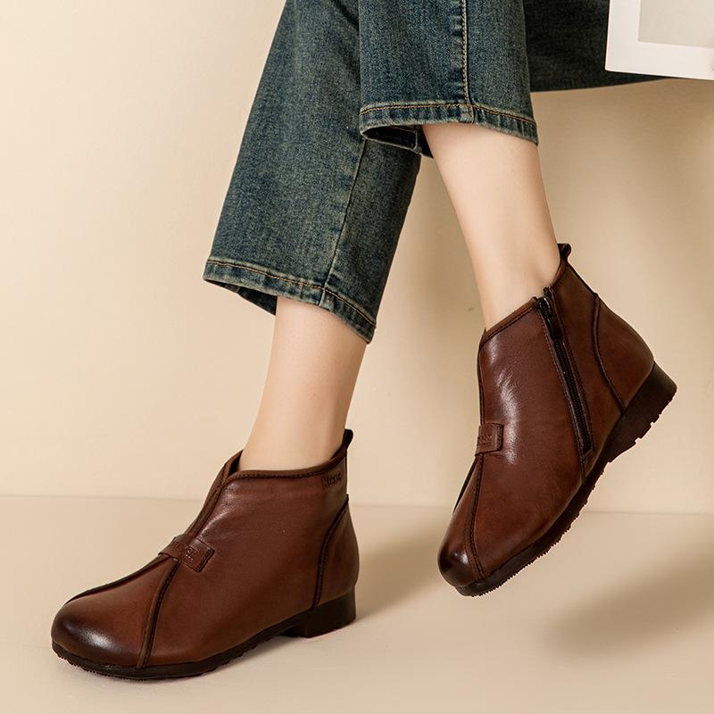 Mori Style Women's Suede Ankle Boots: Flat Round Toe, Fleece-Lined, Soft Sole – Winter 2025 Collection