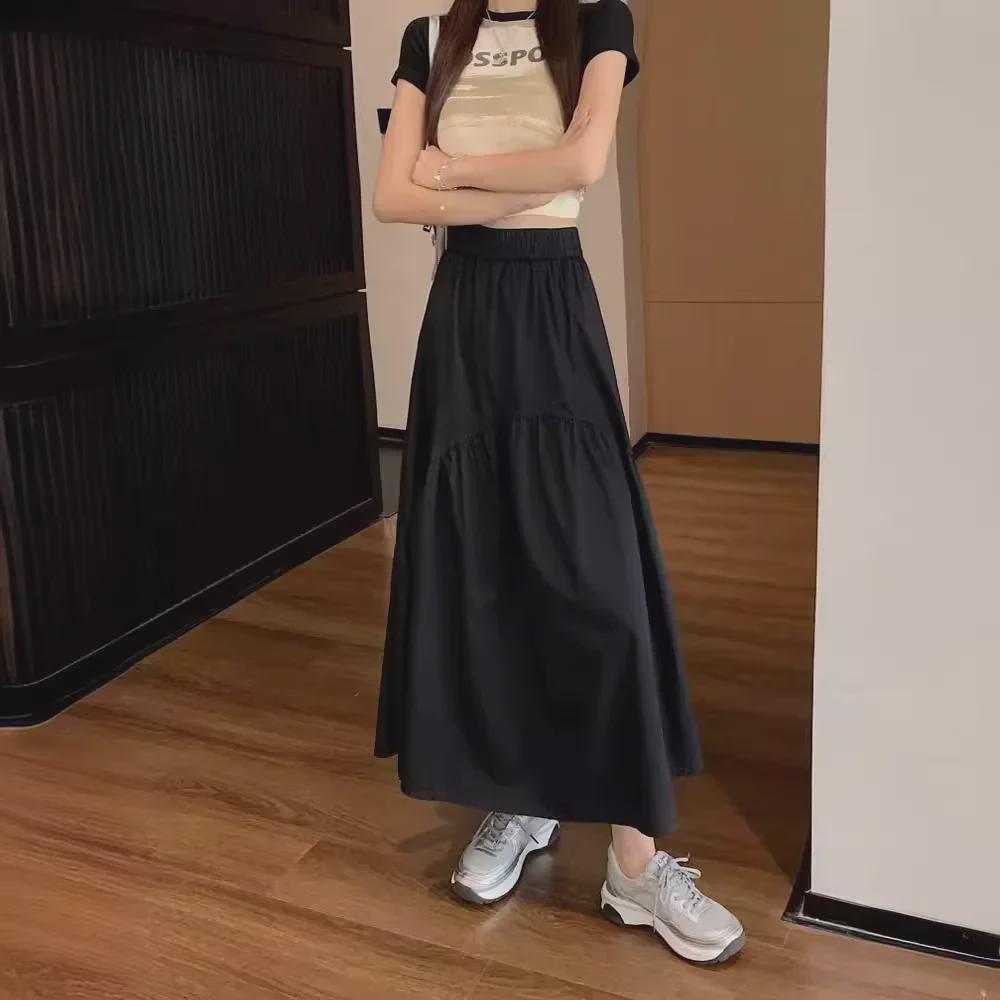 Petite Women's Pleated Patchwork Midi Skirt - 2024 Summer Korean Fashion, Elastic Waist