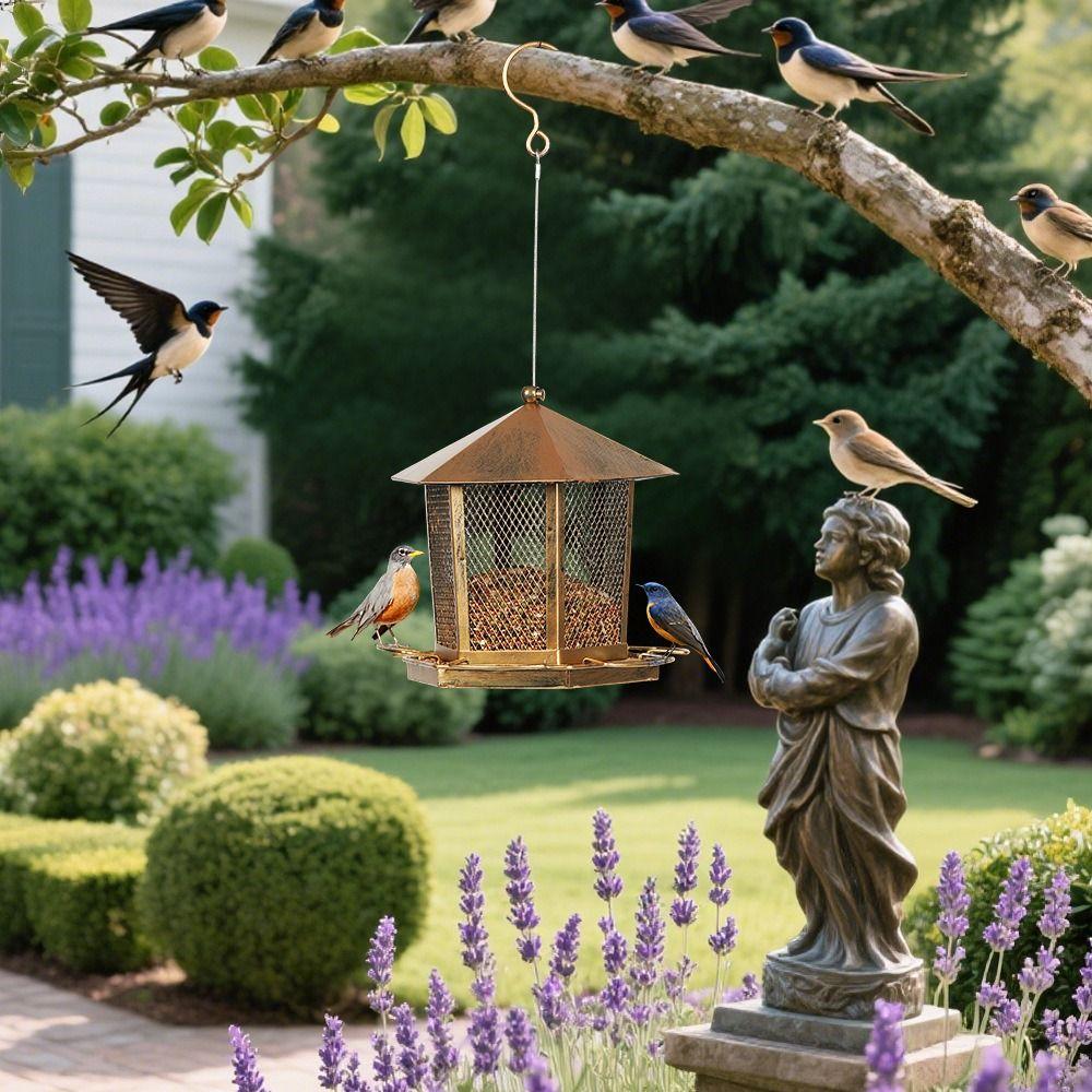 Large Capacity Garden Bird Feeder Heavy Duty Squirrel Proof Bird Feeding Equipment Iron Hanging Bird Food Bowl Patio