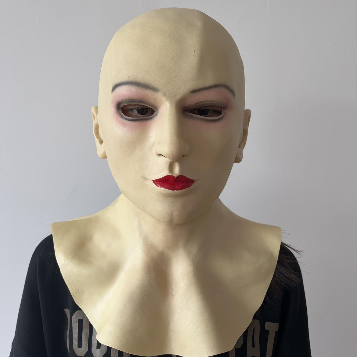 Pandadeals Men's Beige Beautiful Woman Latex Headgear, Live Streaming Mask Cm