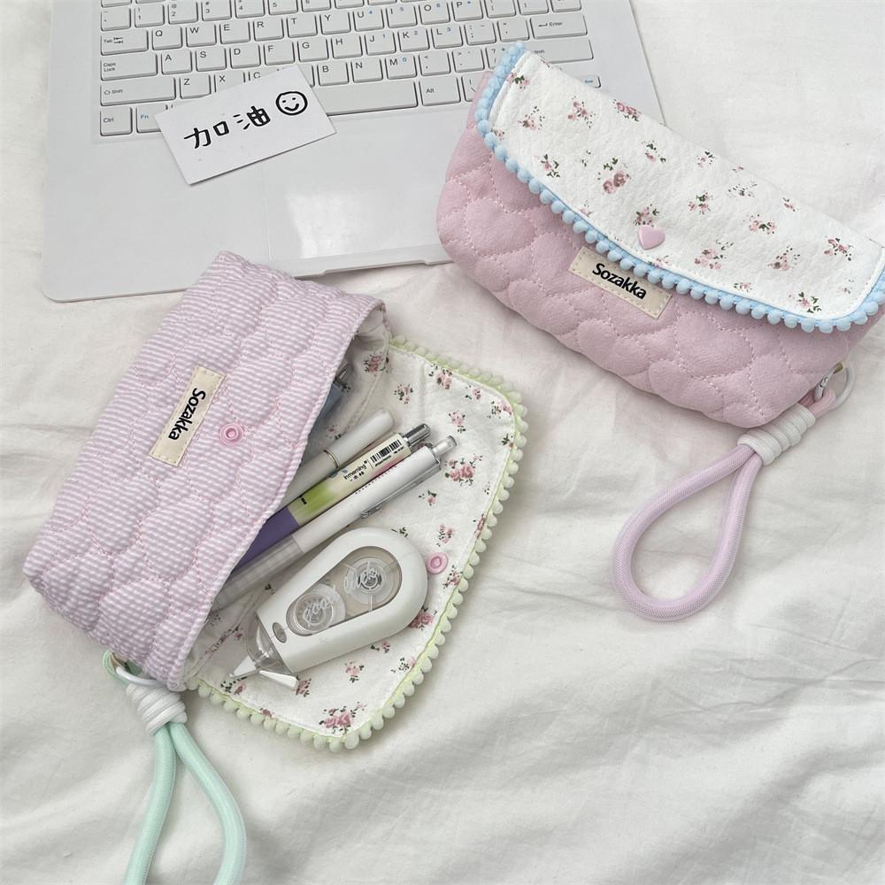 Korean Floral Pen Case With Polyester Material Large Capacity Student Stationery Organizer For Girls