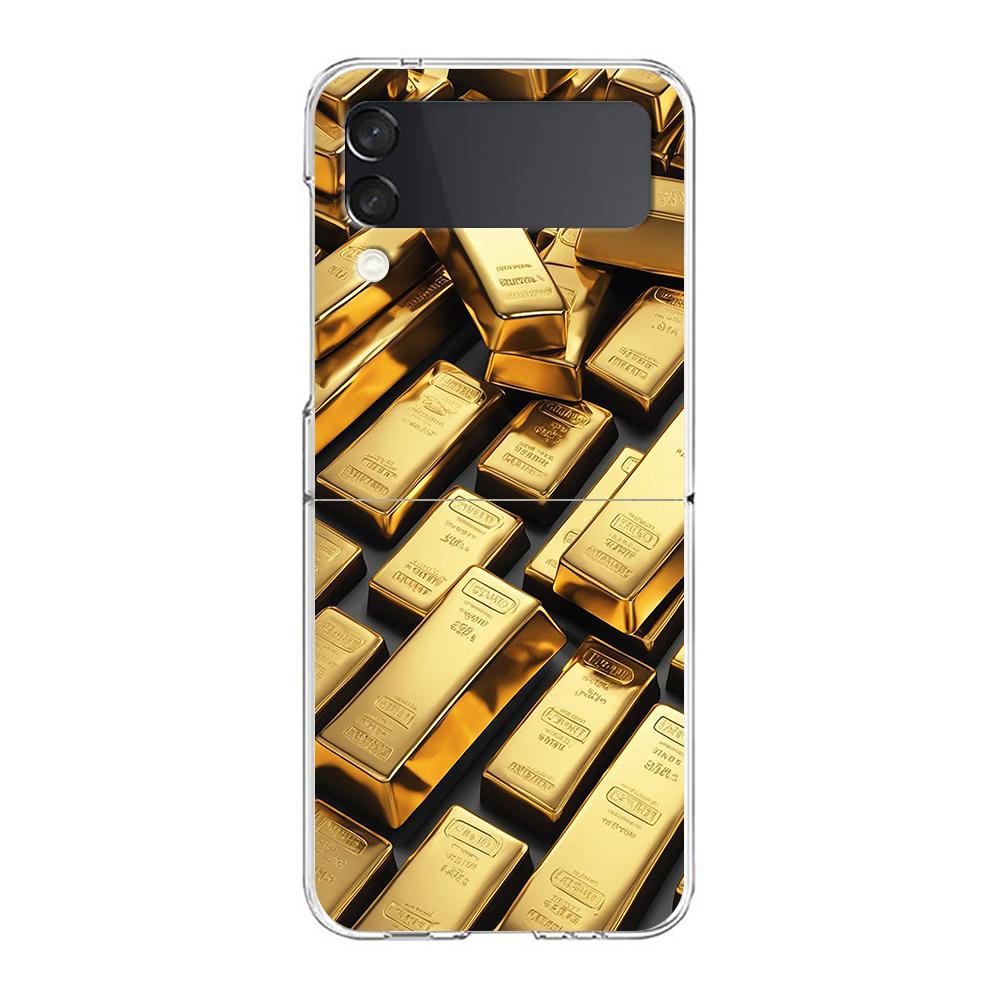 Phone Case For Samsung Galaxy Z Flip 7 6 5 4 3 Clear Hard Folding Cover For Samsung Z Flip6 Flip5 Flip4 Gold Money Pattern