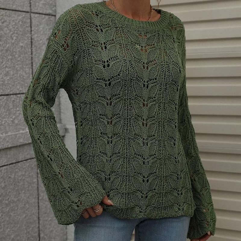 IHUASU Damen Herbst und Winter Strickpullover Einfarbig Häkeln Aushöhlen Pullover O-Ausschnitt Lockerer Pullover
