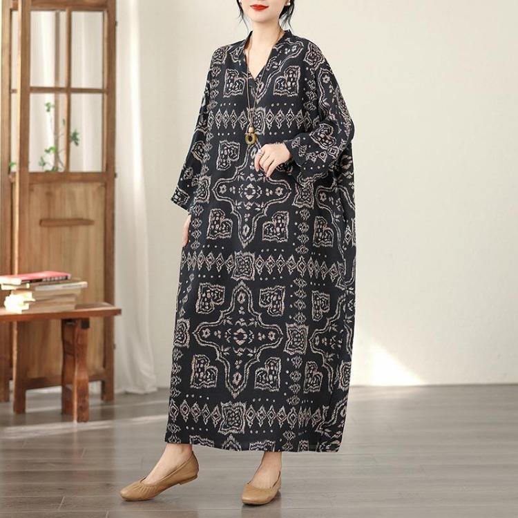 Vintage Floral Maxi Dress Plus Size Women Long Sleeve Oversize Loose Basic Spring Summer  New