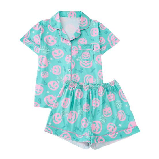 Halloween Women Pajamas Set Ghost Pumpkin Print Short Sleeve Button Down Shirts And Shorts Sleepwear Set 2 Piece Loungewear Pjs Short Set