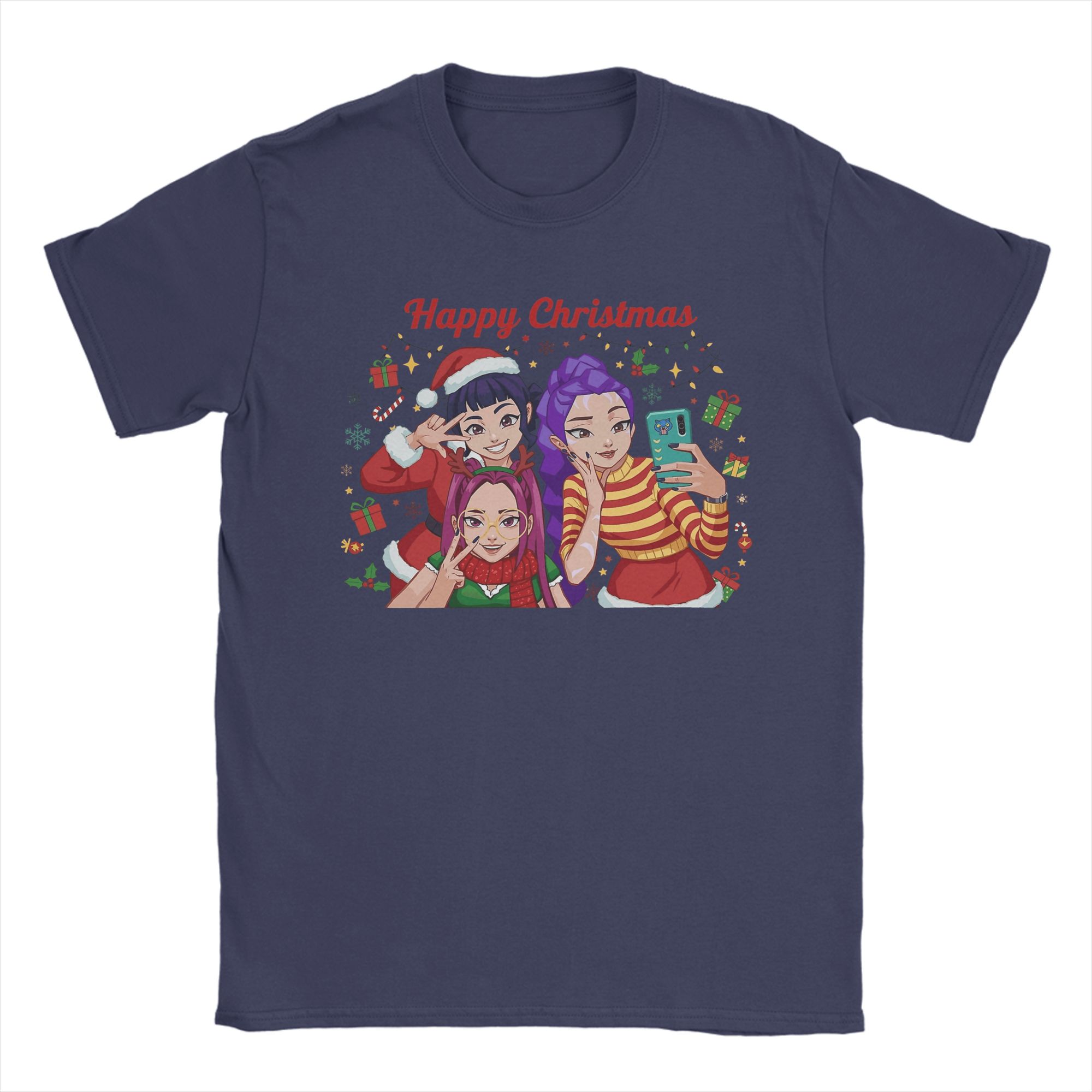 Men s T-Shirt Kpop Demon Hunters Huntrix Merry Christmas Vintage Cotton Tee Shirt Short Sleeve  T Shirt Crewneck Tops Summer 4XL
