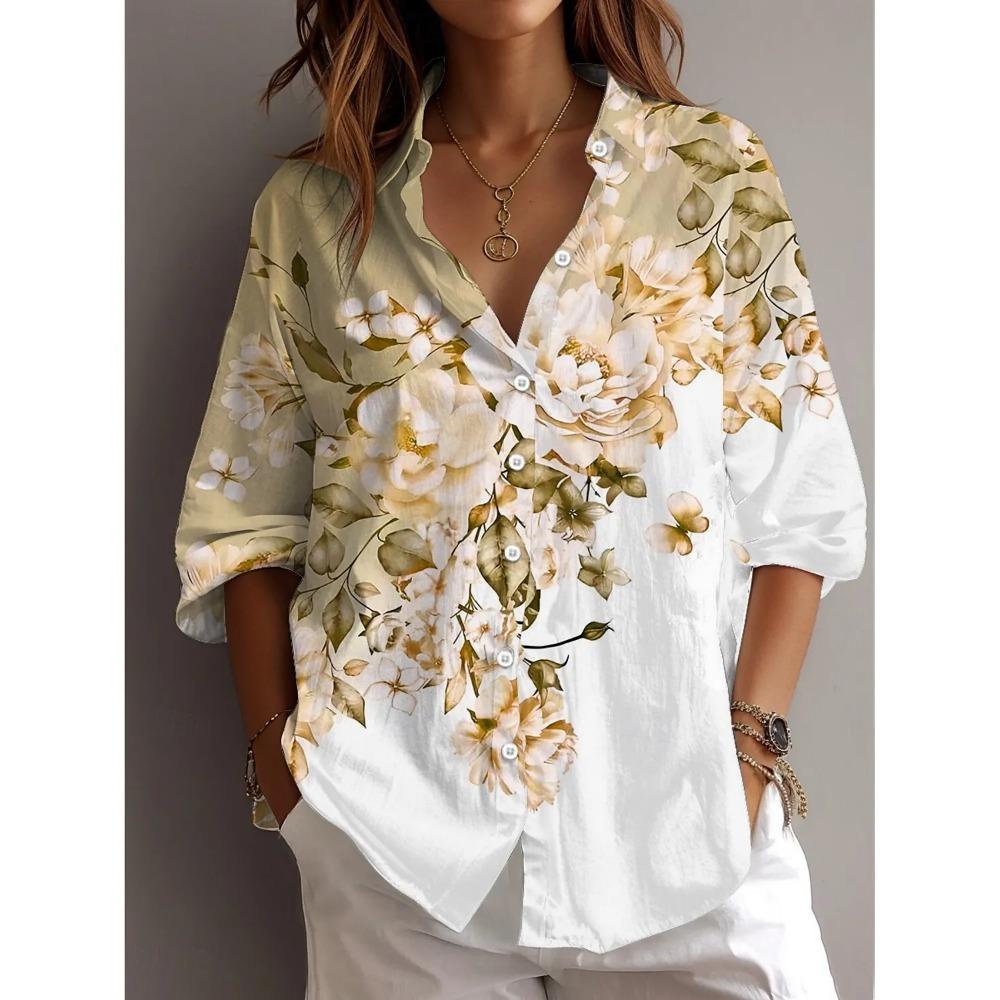 2025 Spring Autumn Women's Shirt Floral Graphics Blouse Lapel Neck Blouse Women Long Sleeve Shirts Womens Tops Female Clothing
