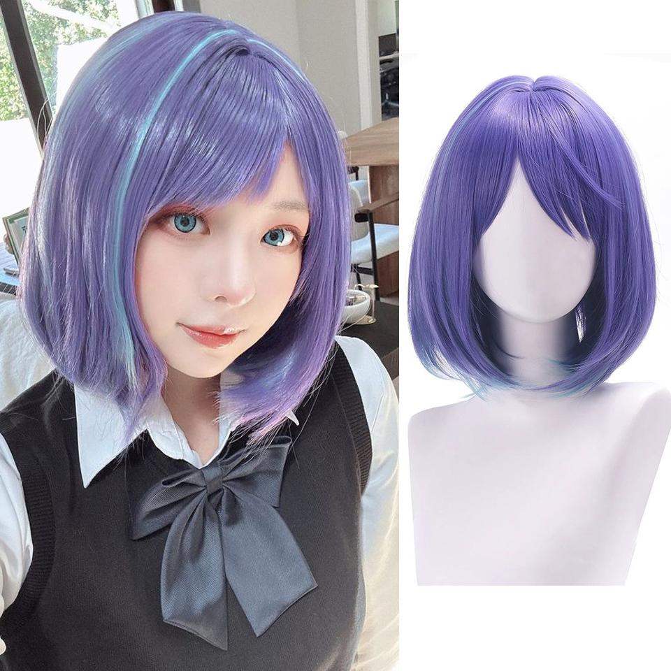 

WTB Synthetic Wig [OSHI NO KO] Kurokawa Akane Cosplay Cartoon Wig Unisex Purple Highlights Light Blue Straight Hair Wig 32cm