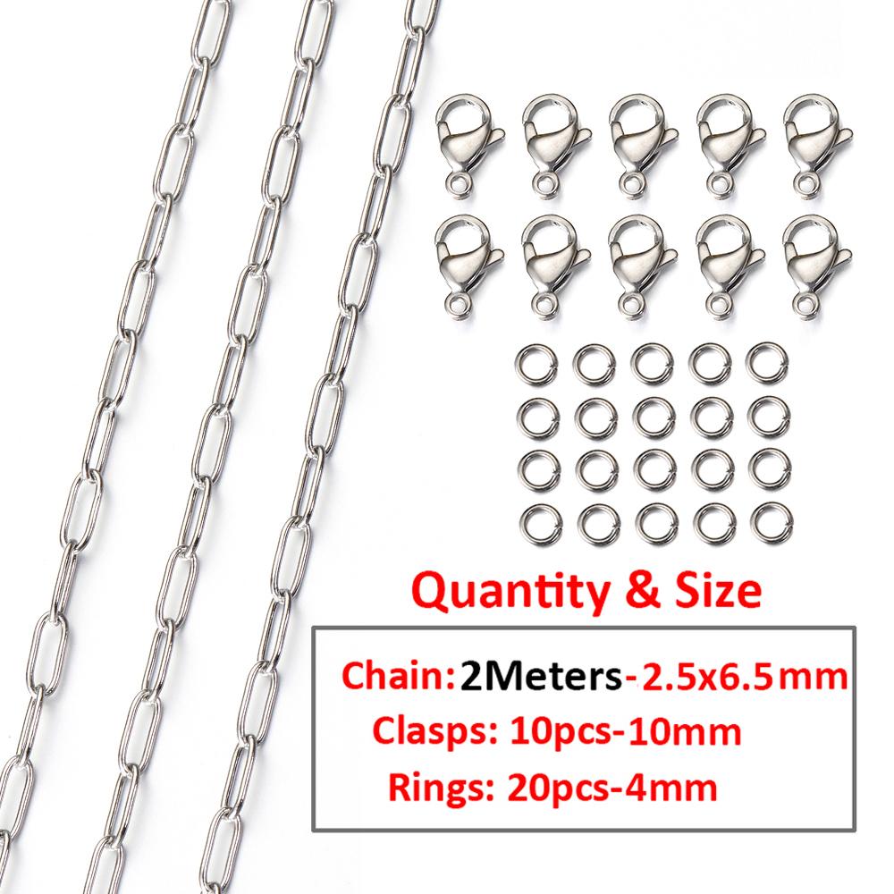2Meters/1Meter Stainless Steel Chain Lobster Clasps Jump Rings Connectors Chains for Bracelet Necklace Jewelry Making DIY Kit