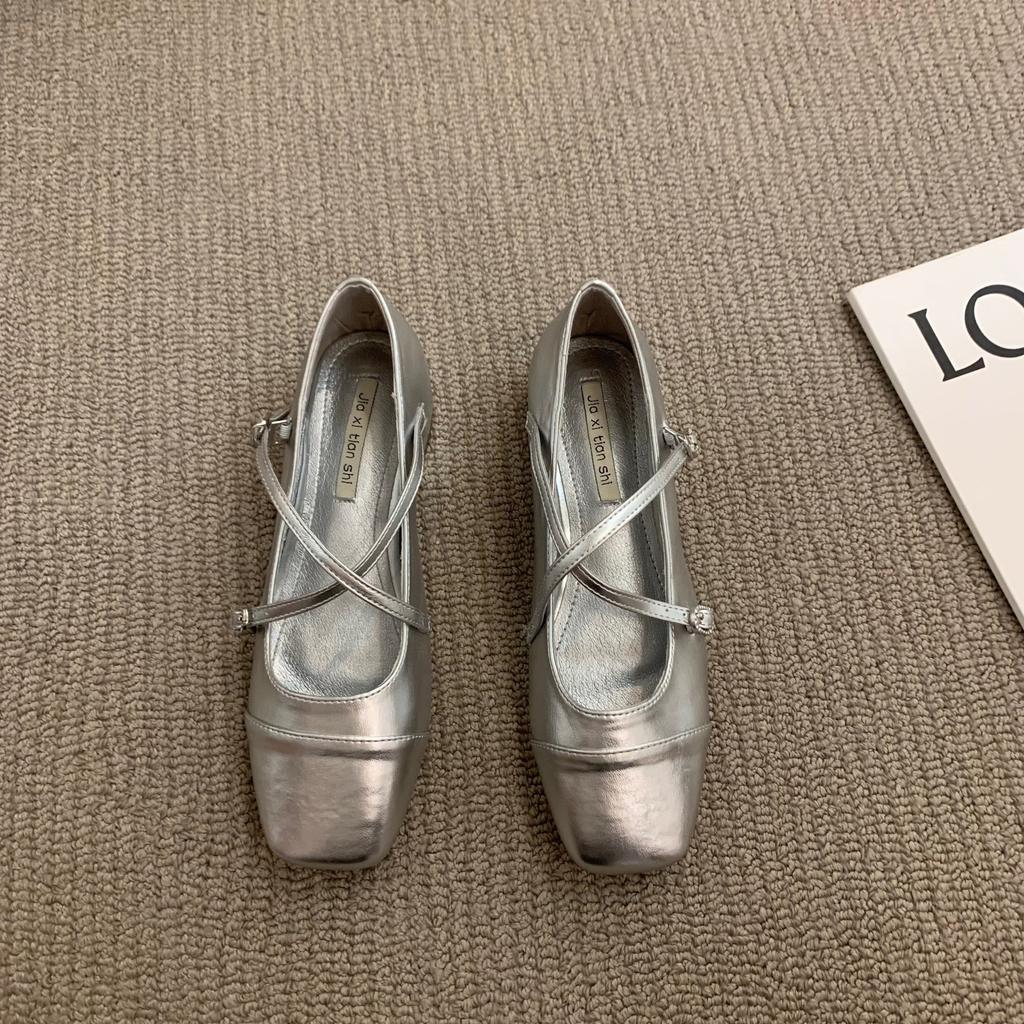 Coarse heel crossed silver Mary Jane square head single shoes women's shoes 2025 new spring evening gentle flat shoes