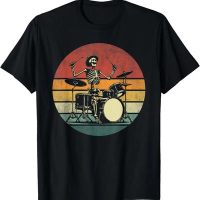 Retro Drummer Rock Skeleton Drummer Skeleton Playing Drum T-Shirt