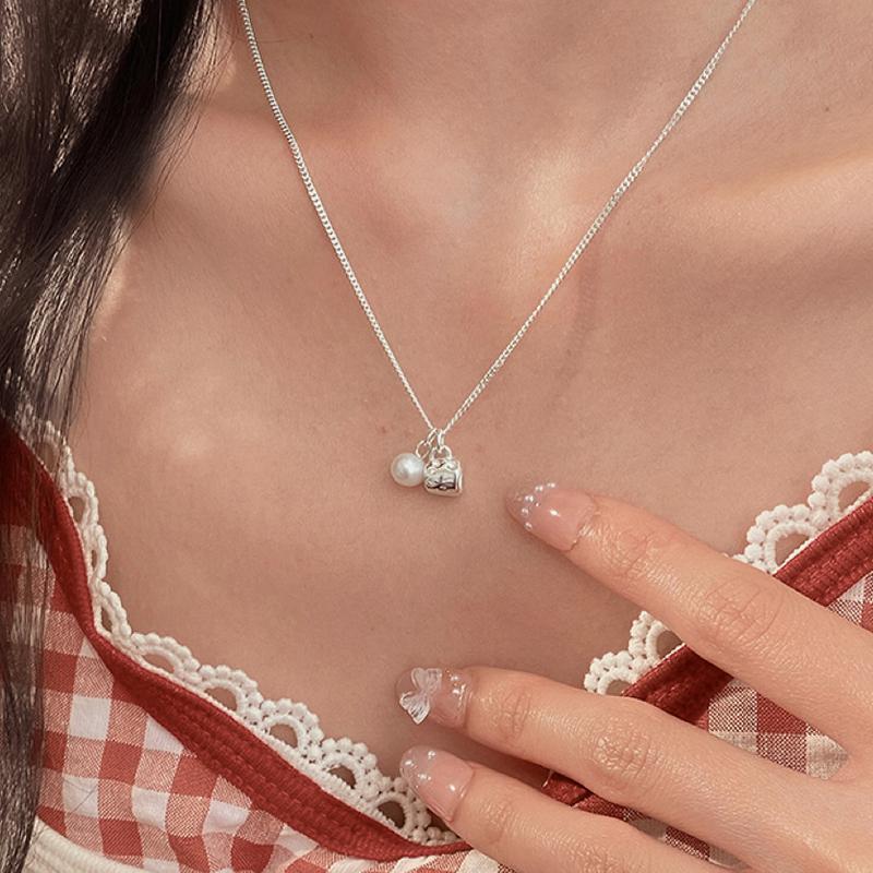 ANENJERY Silver Color Cup Pearl Pendant Necklace For Women New Vintage Temperament Versatile Jewelry Gifts Wholesale