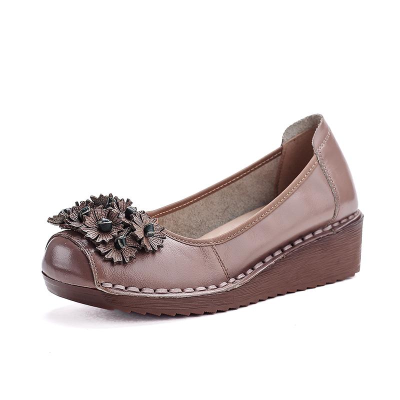 Fashion Handmade Vintage Wedged Shoes for Mature Ladies Genuine Leather Ballet Flats Woman Slip On Easy Fit Shoes Elderly Woman Moccasin