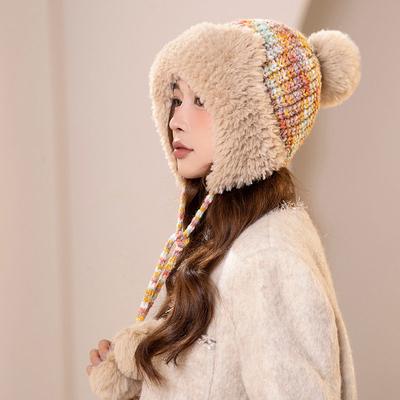 Dicke gestrickte Ohrenklappenmütze Winter Warm Plüsch Fliegermütze Leichte Mütze mit Bommel Klassische winddichte Strickmützen für Damen
