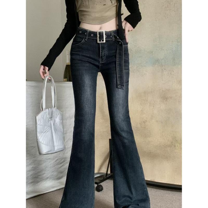 Vintage Washed Slim Fit Low Rise Micro Flare Women's Jeans - 2024 Spring/Autumn Floor-Length Pants