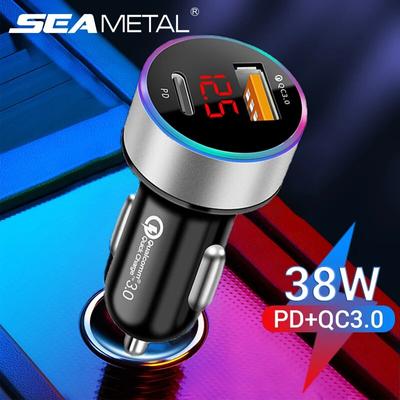 SEAMETAL Caricabatterie da Auto 38W PD+USB QC3.0 Ricarica Rapida Caricabatterie per Telefono con Display Voltimetro LED