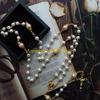 F26C Vintage Pearl Beads Rosary Necklace Jesus Christ Crucifix for Cross Pendant Neck