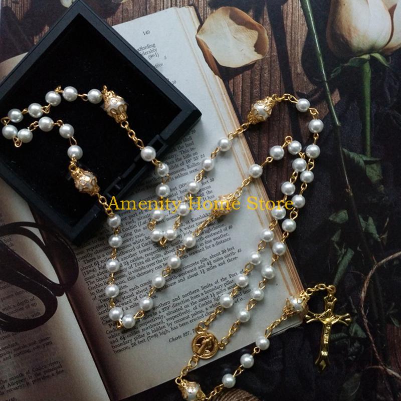 F26C Vintage Pearl Beads Rosary Necklace Jesus Christ Crucifix for Cross Pendant Neck